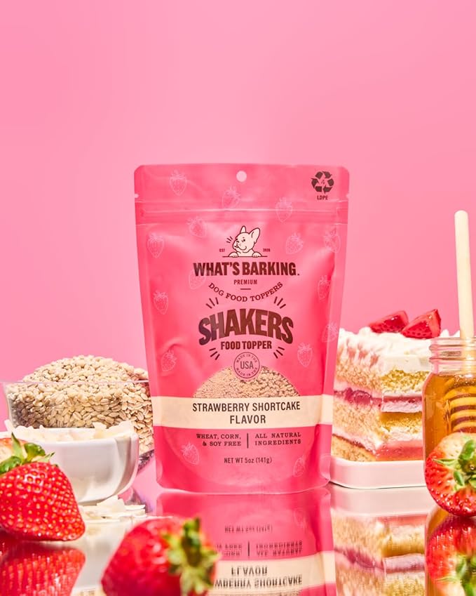 What's Barking Shakers Meal Toppers, Dog Treat Crumbles for Food Topping, Pet Essentials, Sprinkle Topper for Kibble or Wet Food, Made in USA, Resealable Bag, Strawberry Shortcake Flavor, 5 oz