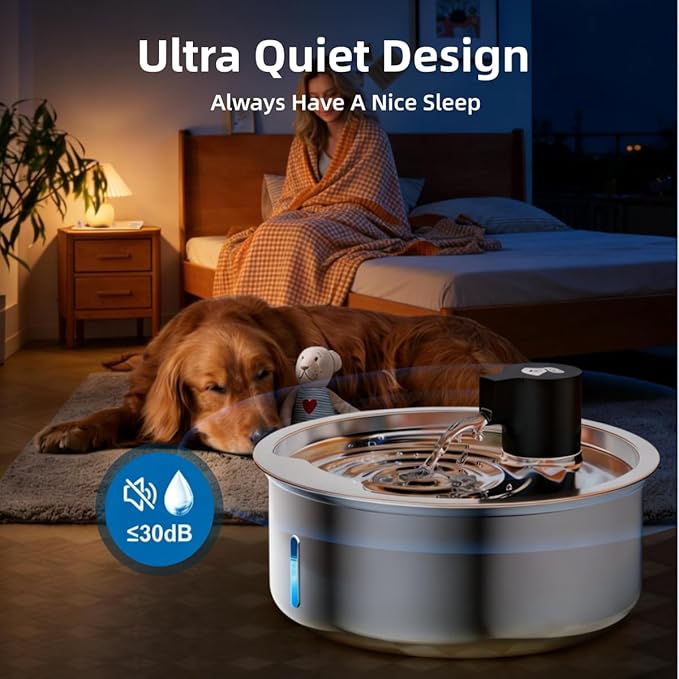 Dog Water Fountain, 8L Stainless Steel Dog Water Fountain for Large Dogs, Dog Water Bowl Dispenser, Super Quiet Pump and Replacement Filters for Cats and Dogs (Silver-8L+3Filters)