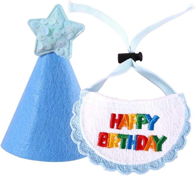 SOLUSTRE Dog Birthday Hat and Embroidered Bandana Set Blue Star Pattern Adjustable Pet Party Costume for Small to Medium Dogs Birthday Supplies