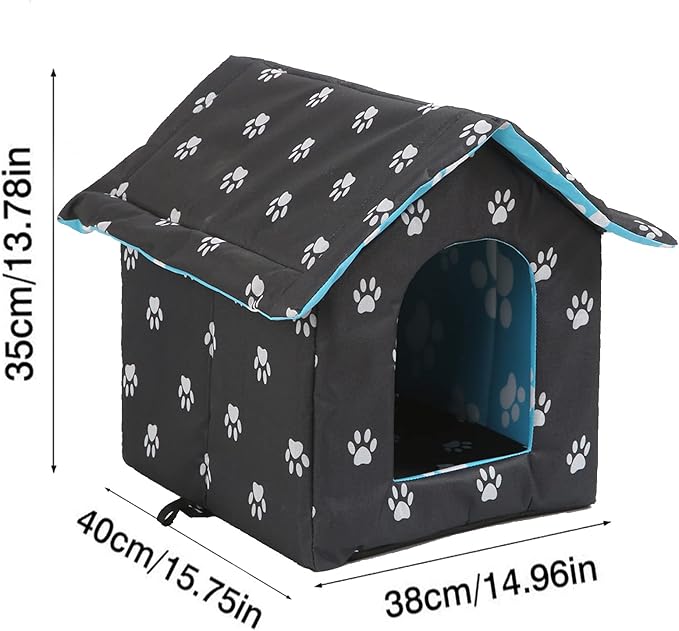 Outdoor Cat House, Cat Houses for Outdoor Cats, Weatherproof Warm and Insulated Cat House with Transparent Curtain Pet House, Stray Cats Shelter (Black, Medium-Houses)