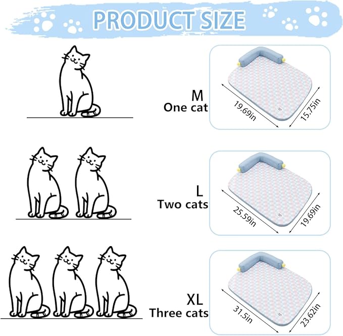 All-Season Ice Fabric Cat Bed with Cushioned Pillow/Play Ball/Washable Mat for Cats, Kittens & Small Pets (Blue, Large-25"x19"x4")