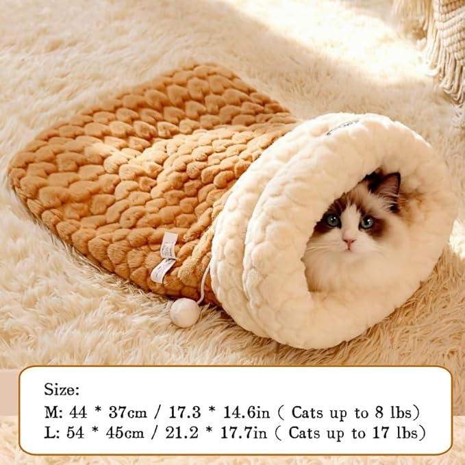 Cat Sleeping Bag, Cats Winter Sleeping Bag for Indoor Cats Cozy Plush Cat Cave Bed, Self-Warming Pet Snuggle Sack for Kitten Puppy Small Dogs (A-Grey+Khaki, M-17"x14.5")