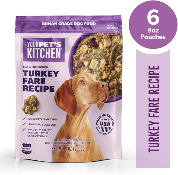 Your Pet's Kitchen Wet Dog Food, Slow Simmered Turkey Fare Recipe - 9 oz Pouch, (Pack of 6), Human Grade Pet Food Made in The USA with Real Turkey