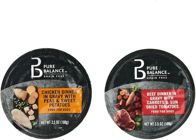 Pure_Balance Grain_Free Wet Dog Food Variety Pack, Chicken Dinner with Peas & Sweet Potatoes and Beef Dinner with Carrots & Sun Dried Tomatoes in Gravy, 3.5 oz Cups - Pack of 12