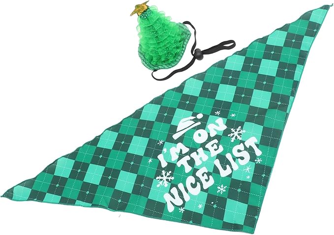 Garneck Christmas Dog Hat and Plaid Bandana Set, Soft Adjustable Pet Xmas Costume, Small Pet Scarf for Holiday Party Supplies