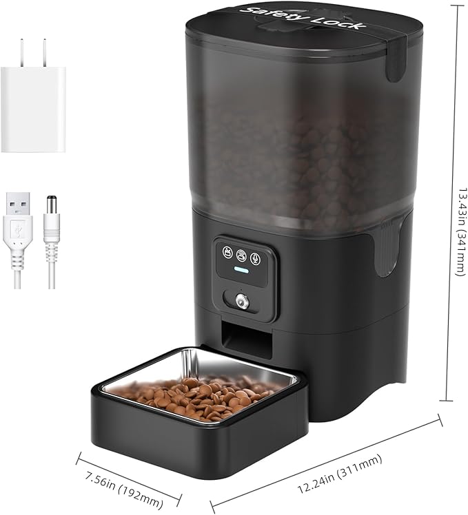 PAPIFEED Automatic Cat Feeder with 720p HD Camera & Night Vision, Two-Way Audio, 6L Smart Feeder with App Control via 2.4G WiFi, Easy Clean Detachable, Schedule 1-10 Meals/Day for Cats & Dogs - Black