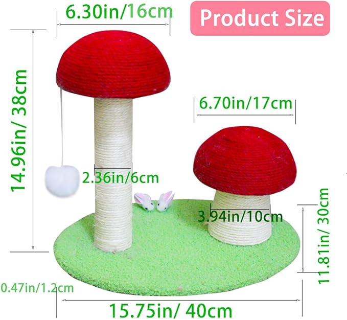 Red Mushroom Cat Scratching Post, Kitten Post Scratcher, Big 16in Base, Mushroom Cat Tree, Natural Sisal Scratching Poles with Interactive Toy Ball, Cute Furniture Scratching Posts for Indoor Cats