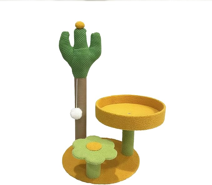 Cactus Cat Scratching Posts Cats Scratcher H 27.16" with Premium Sisal Rope 13.78" Bed, Flower Shaped Platform and Dangling Balls, Scratcher Vertical Green Cats Tree Suitable for Indoor Kitten