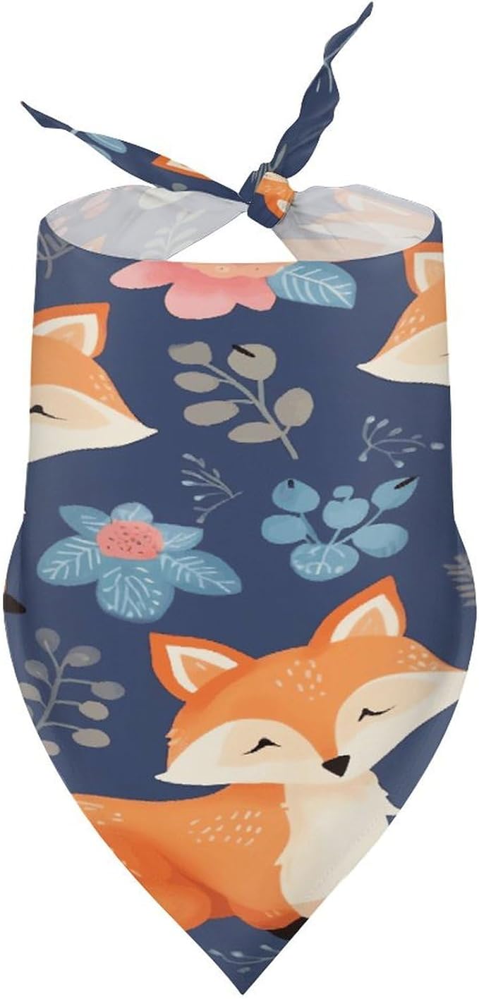 Dog Bandana Spring Pet Scarf Adjustable Triangle Cute Animal Fox Flower Printing Dog Bib Washable Polyester Puppy Bandana for Small Medium Large Dogs Cat Birthday Party Supplies