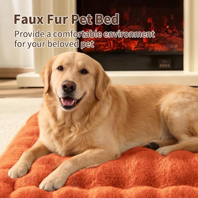 Self-Warming Dog Bed, Plush Faux Fur Mat with Anti-Slip Bottom, Ultra Soft Heated Pet Bed for Medium Large Dogs, Cozy Fluffy Pad for Carriers Couch Crate, Machine Washable, 35 x 27 Inch Orange