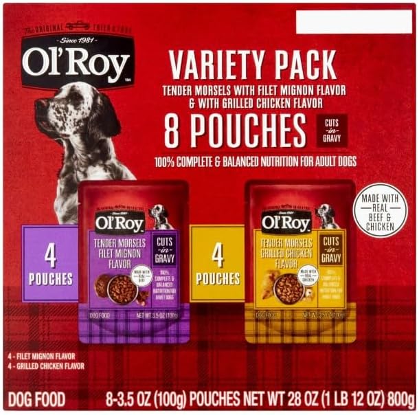 Ol's~Roys Cuts in Gravy Wet Dog Food Variety Pack, Tender Morsels Filet Mignon Flavor and Tender Morsels Grilled Chicken Flavor, 3.5 Oz ~ 8 Count ~ (2 Pack)