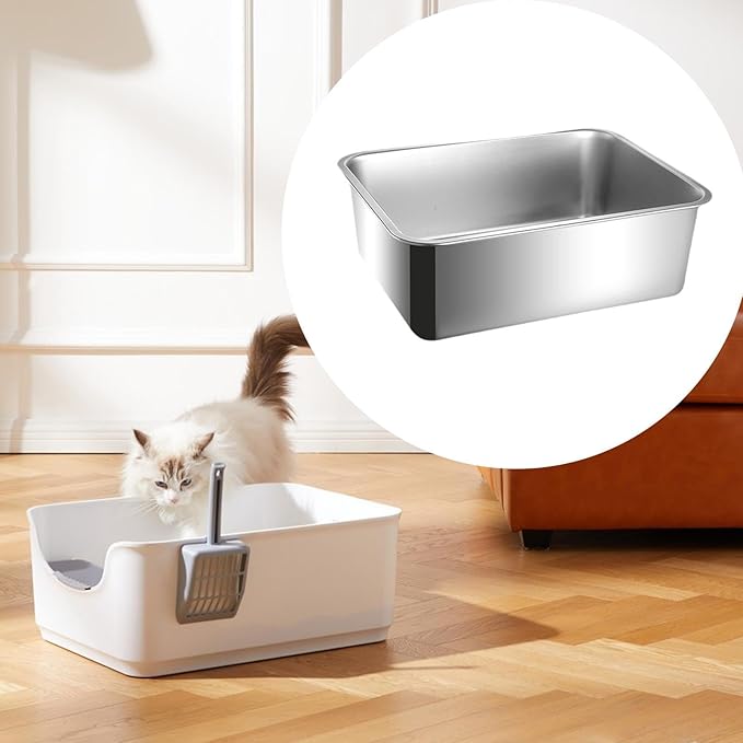 Stainless Steel Cat Litter Box Splashproof Open Top Large Easy to Clean Sand Box for Small Cats Litter Pan- 49.5cmx34.5cm