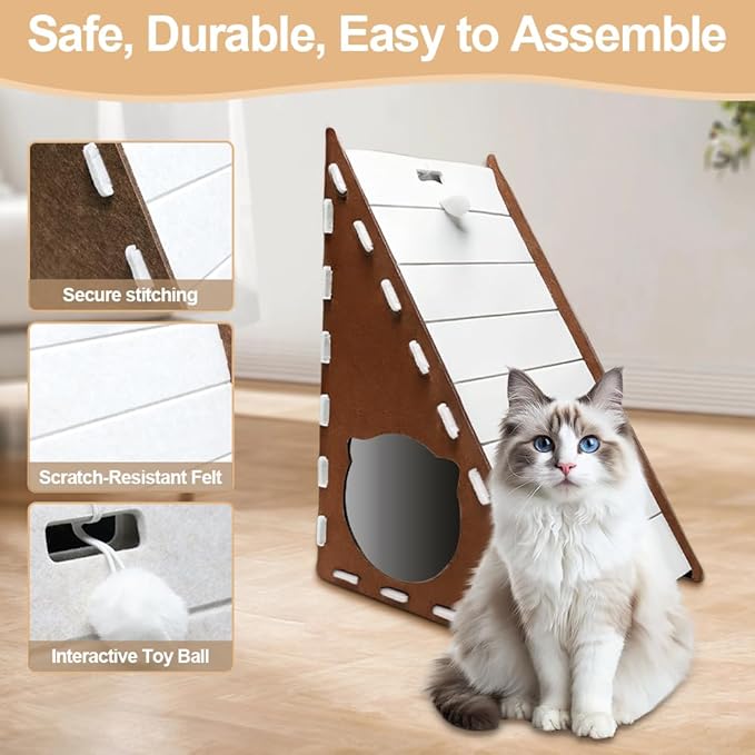 Felt Cat Scratcher, Jaxbo Triangular Vertical Cat Scratching Board with Plush Ball Toy, 9mm Thick Washable Material, No-Tool Assembly, Multi-Surface Cat Furniture Protector
