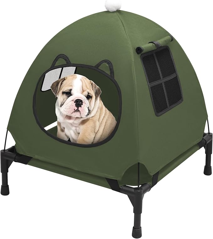 Pozico Elevated Pet Bed with Breathable Mesh for Small Cat and Dog, Raised Cooling Pet Cot for Puppy and Kitty, 18.9x18.9 inch (Olive Green Bed with Canopy)