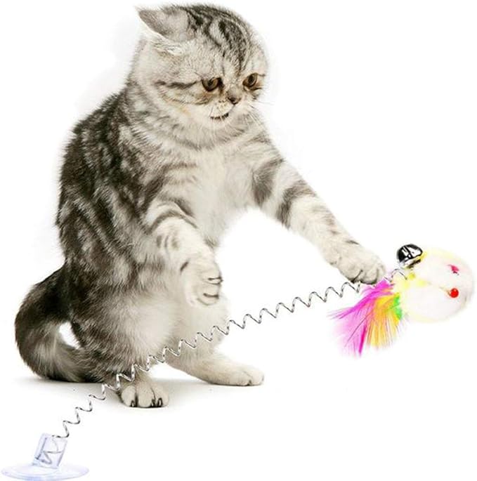 KABB 3 Pcs Cat Toy Spring Toy Elastic Spring Mouse Feather Plush Interactive Intelligence Toys with Sucking, Random Color