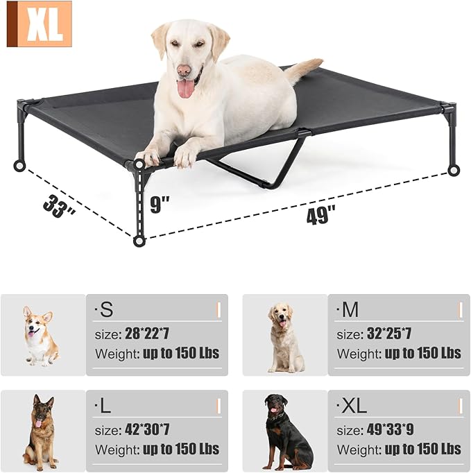 XL Elevated Dog Bed for Large Dogs, Raised Dog Cot Beds, Heavy Duty Pet Beds with Durable Teslin Recyclable Mesh, Black Outdoor Pet Bed