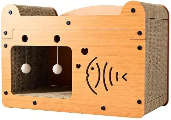 Multi-Function Cat Scratcher House Box,3-in-1 Scratch Pad and Soft Bed & Play Cave with Toys, Durable Build & Ideal for Cats/Kitty (Yellow,FX-SFPPY)