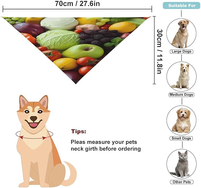 Dog Bandana Spring Pet Scarf Adjustable Triangle Fresh Fruits and Vegetables Printing Dog Bib Washable Polyester Puppy Bandana for Small Medium Large Dogs Cat Birthday Party Supplies