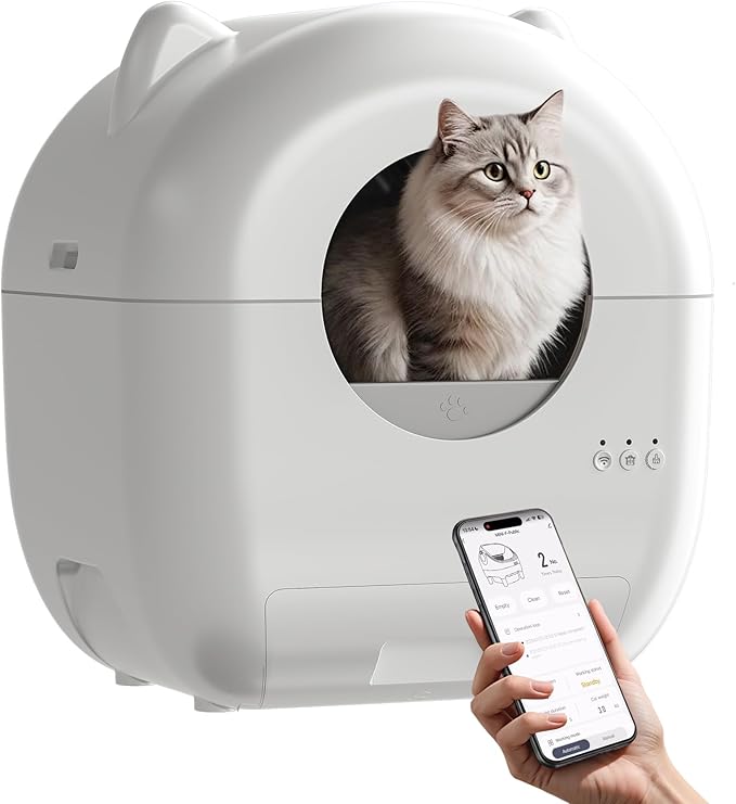Automatic Cat Litter Box, Self Cleaning Cat Litter Box for Multiple Cats with Large Capacity, App-Controlled Safety Sensor, Odor-Free Waste Disposal,1 Roll of Trash Bags, White (White-2.0)