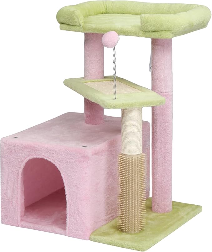 27.5in Plush Cat Tree, Multi-Level Cat Tower with Scratching Post and Pad, Cozy Condo & Padded Perch, Dangling Ball for Kittens and Indoor Cats, Compact Cat Furniture for Small Spaces (Pink & Green)