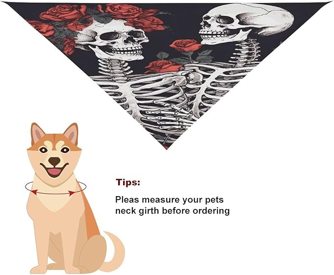 Dog Bandana Spring Pet Scarf Adjustable Triangle Rose and Skeleton Printing Dog Bib Washable Polyester Puppy Bandana for Small Medium Large Dogs Cat Birthday Party Supplies