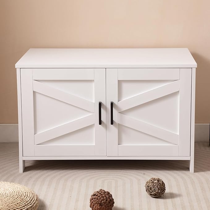 Cat Litter Box Enclosure with Barn Door Wooden Cat Washroom Furniture Litter Box Furniture Hidden End Side Table Pet House Multi Functional Double Cabinet Doors for Bedroom Living White