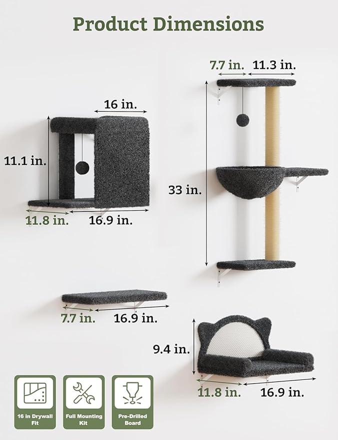 5-in-1 Cat Wall Shelves, Solid Wood & Velvet Wall Mounted Cat Furniture with Sisal Scratching Post, Holds Up to 44lbs, Fits Drywall & Solid Walls - Dark Gray