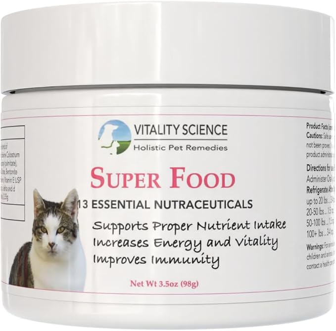 Vitality Science Super Food for Cats | High Potency Multi-Vitamin and Mineral Supplement | Increases Energy and Vitality | 100% Natural (98g)
