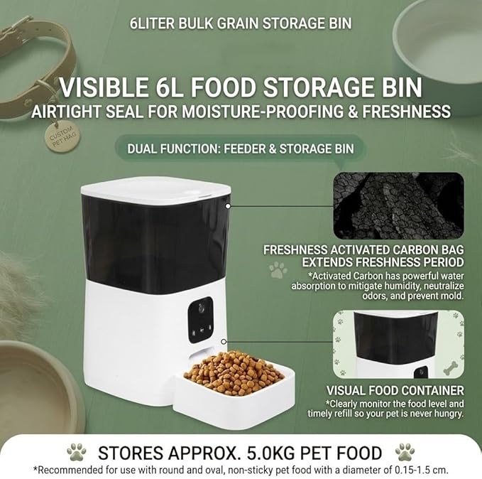 Smart Automatic Pet Feeder with HD Camera and App Control, Cats and Dogs, 6L Capacity Dual Power Supply, Video Monitoring Pet Food Dispenser for Travel and Work (WiFi Version)