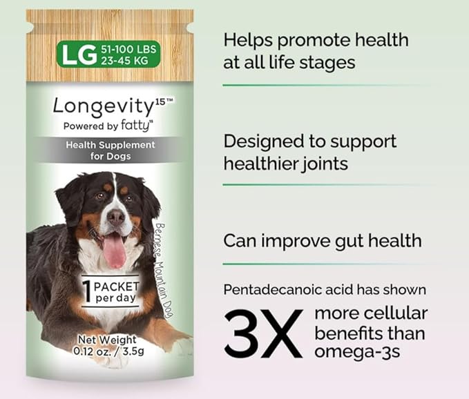 Longevity15 C15:0 Dog Health Supplement (30-Day Supply) & Yummy Combs Dog Dental Treats (8oz Bag) for Large Dogs – C15:0 Fatty Acid for Daily Wellness, Food Topper – VOHC Approved Oral Care Treat