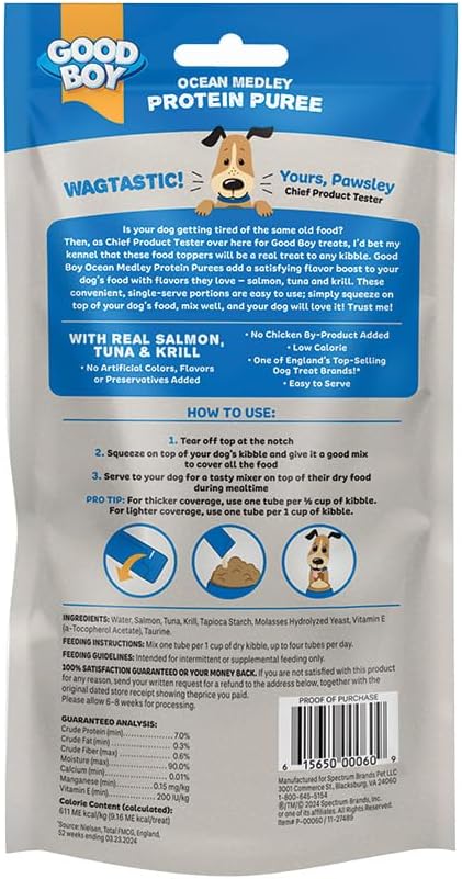 GOOD BOY Ocean Medley Protein Purees Dog Food Mixers for All Adult Dogs, 10 Count, Easy Single-Serve Triple Flavor Topper Treats with Salmon, Tuna and Krill (Pack of 2)