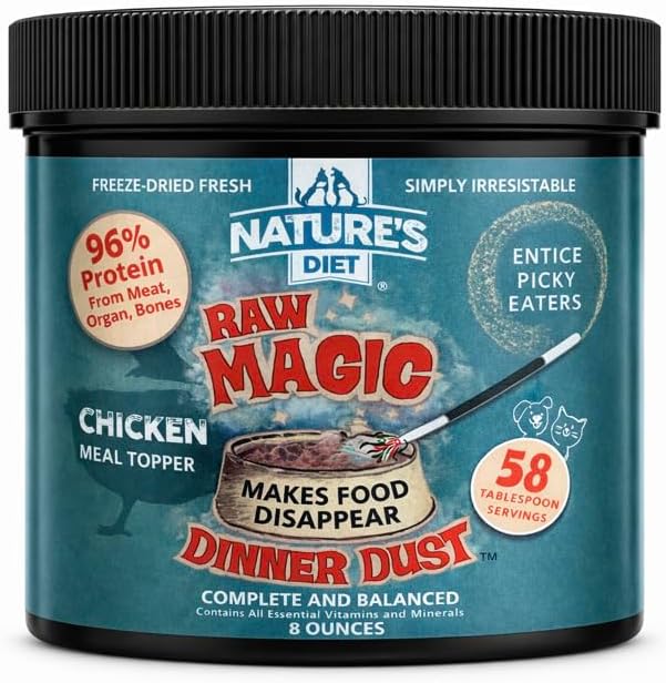 Freeze-Dried Raw Magic Dinner Dust - Premium Dog and Cat Food Topper with 96% Protein from Raw Meat, Liver, Bone Broth, Fruits and Vegetables - Irresistable - Perfect for Picky Eaters - 8oz (Chicken)