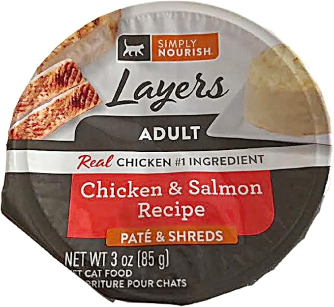 SIMPLY NOURISH Adult Cat Layers Pate & Shreds 6-3 Ounce Cups. Plus Cat Toy Will Vary in Color and Design. (Chicken & Salmon Recipe)