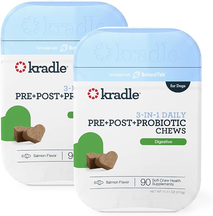 Kradle Probiotic Chews for Dogs - 3-in-1 Prebiotic Postbiotic Digestive Support - 5-Strain Probiotic Blend Pumpkin Psyllium Husk - Salmon Flavor - 180 Chews