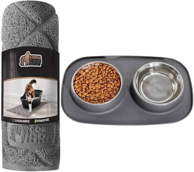 GORILLA GRIP Cat Litter Box Mat, 17x11 Inch Gray and Silicone Feeding Mat Set, 1 Cup Gray, 2 Item Bundle