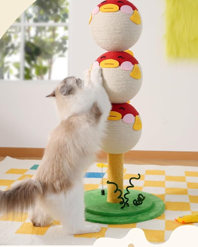 Cute Puffer Fish Cat Scratching Post – 3-Tier Climbing Tower with Sisal Rope, Flannel Base & Interactive Toy – Vertical Cat Tree Furniture for Indoor Cats & Kittens
