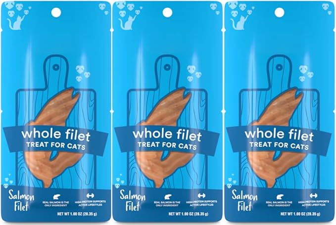 Cat Filet Treats Salmon 3 Pack - Wild Caught Fish High Protein Single Ingredient Soft Cat Treats - Grain Free Omega 3 Healthy Cat Snacks Food Topper for Picky Eaters - 3oz (3x1oz)