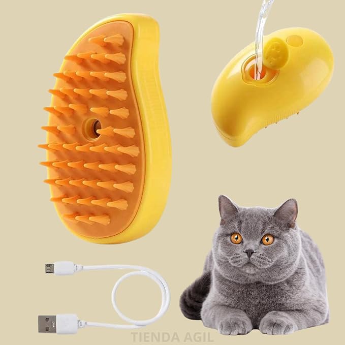 Hair Brush for Pets with Steam Function, Soft Rubber Bristles, Water or Essential Oil Reservoir, Non-Slip Grip, Easy Cleaning, for Dogs and Cats (Yellow)