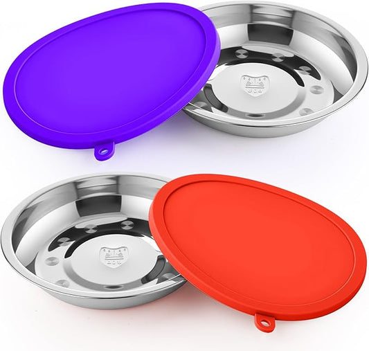 Patelai 4 Pcs Stainless Steel Dog Bowls with Silicone Lids Portable Food and Water Dishes for Pets Sealable Containers for Small Medium Dog Cat Indoor, 6.3 Inch (Red,Purple)