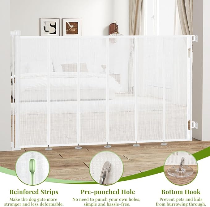 47" Extra Tall Retractable Baby Gates, Extends to 71" Wide, ExtraTall Retractable Safety Gate with Reinforced Strips, Retractable Tall Dog Gates for Doorways Mesh Baby Pet Gates Indoor, White