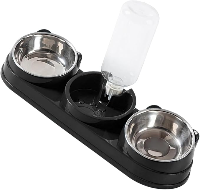 Elevated Double Bowl Pet Feeders with Automatic Water Dispenser Antislip Base for Dog Cats Daily Feeding Watering Supply - Black - Steel Bowl
