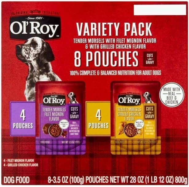 Ol's Roys Cuts in Gravy Wet Dog Food Variety Pack, Tender Morsels Filet Mignon Flavor and Tender Morsels Grilled Chicken Flavor, (2 Boxes with 8 Pouches of 3.5 oz).