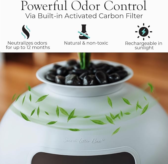 Secret Litter Box by Bundle & Bliss - Hidden Litter Box Enclosure, Patented Design with Odor Control, Includes Faux Plant, Carbon Filter and Real Stones