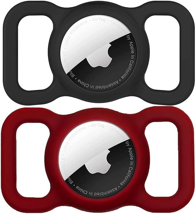 SWINCHO for AirTag Dog Collar Holder [2 Pack] Waterproof High-Strength Elastic Silicone Dog Cat Air Tag Holder(Black&Wine Red)