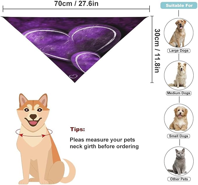 Dog Bandana Spring Pet Scarf Adjustable Triangle Purple Hearts Printing Dog Bib Washable Polyester Puppy Bandana for Small Medium Large Dogs Cat Birthday Party Supplies