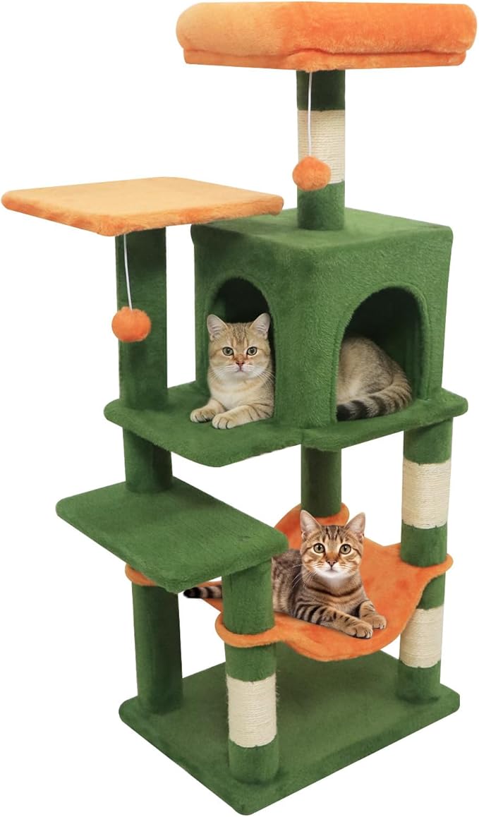 Tangkula Cat Tree Tower, 44 Inch Multi-Level Cat Tower with Sisal Scratching Posts, 2-Door Condo, Padded Top Perch & Hammock, 2 Hanging Balls, Jumping Platforms for Indoor Cats (Green & Orange)