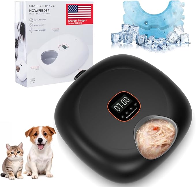 Automatic Cat Feeder Wireless, Sharper Image Auto Cat Food Dispenser for Wet Food with 2 Ice Packs, Rechargeable Auto Feeder for Cats with Programmable Timer Low Battery Indicator, Black