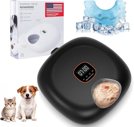 Automatic Cat Feeder Wireless, Sharper Image Auto Cat Food Dispenser for Wet Food with 2 Ice Packs, Rechargeable Auto Feeder for Cats with Programmable Timer Low Battery Indicator, Black