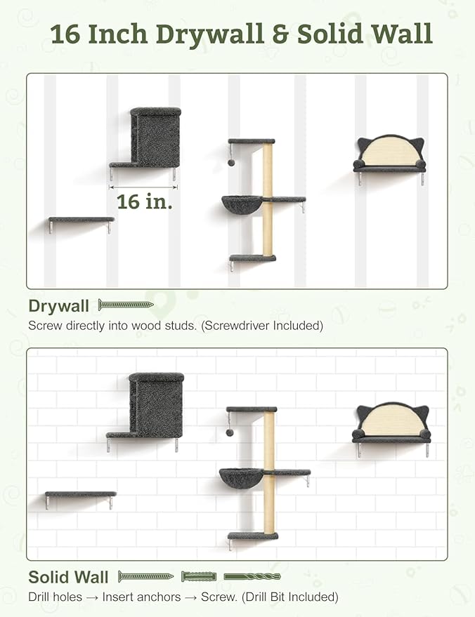 5-in-1 Cat Wall Shelves, Solid Wood & Velvet Wall Mounted Cat Furniture with Sisal Scratching Post, Holds Up to 44lbs, Fits Drywall & Solid Walls - Dark Gray