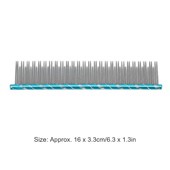 Pet Hair Removal Comb, Stainless Steel Cat Grooming Tool, Durable Non Slip Handle - Static Free Teeth, Dual Density Design, Comfortable for All Cat Breeds (Blue)